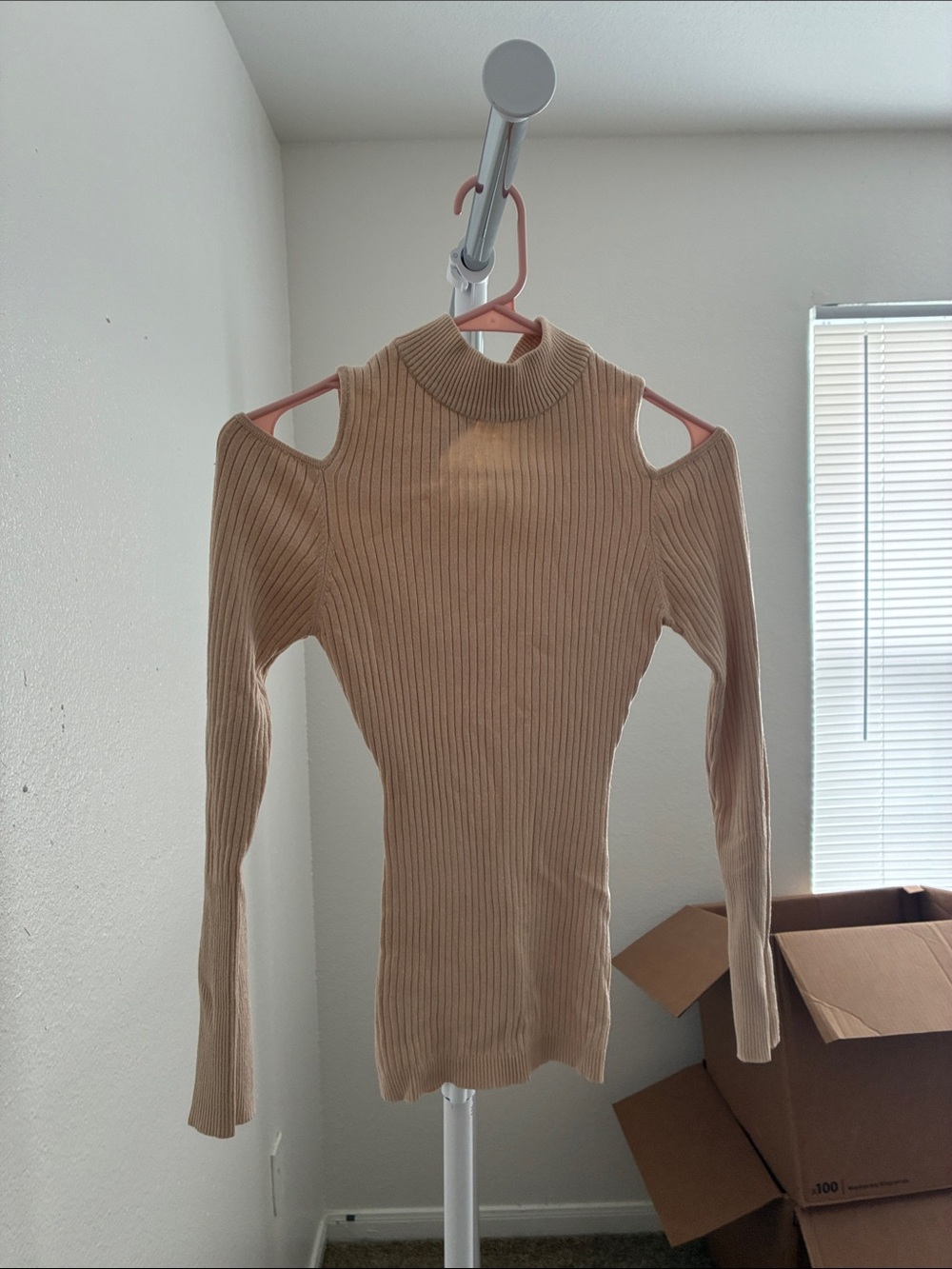 Pink Cold-Shoulder Ribbed Mock neck Sweater
